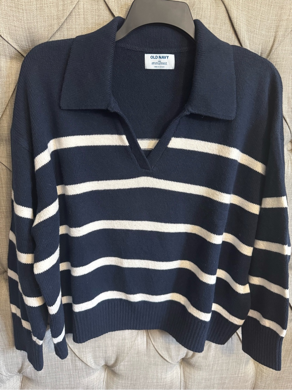 Old Navy Navy & White Striped V‑Neck Collared Sweater